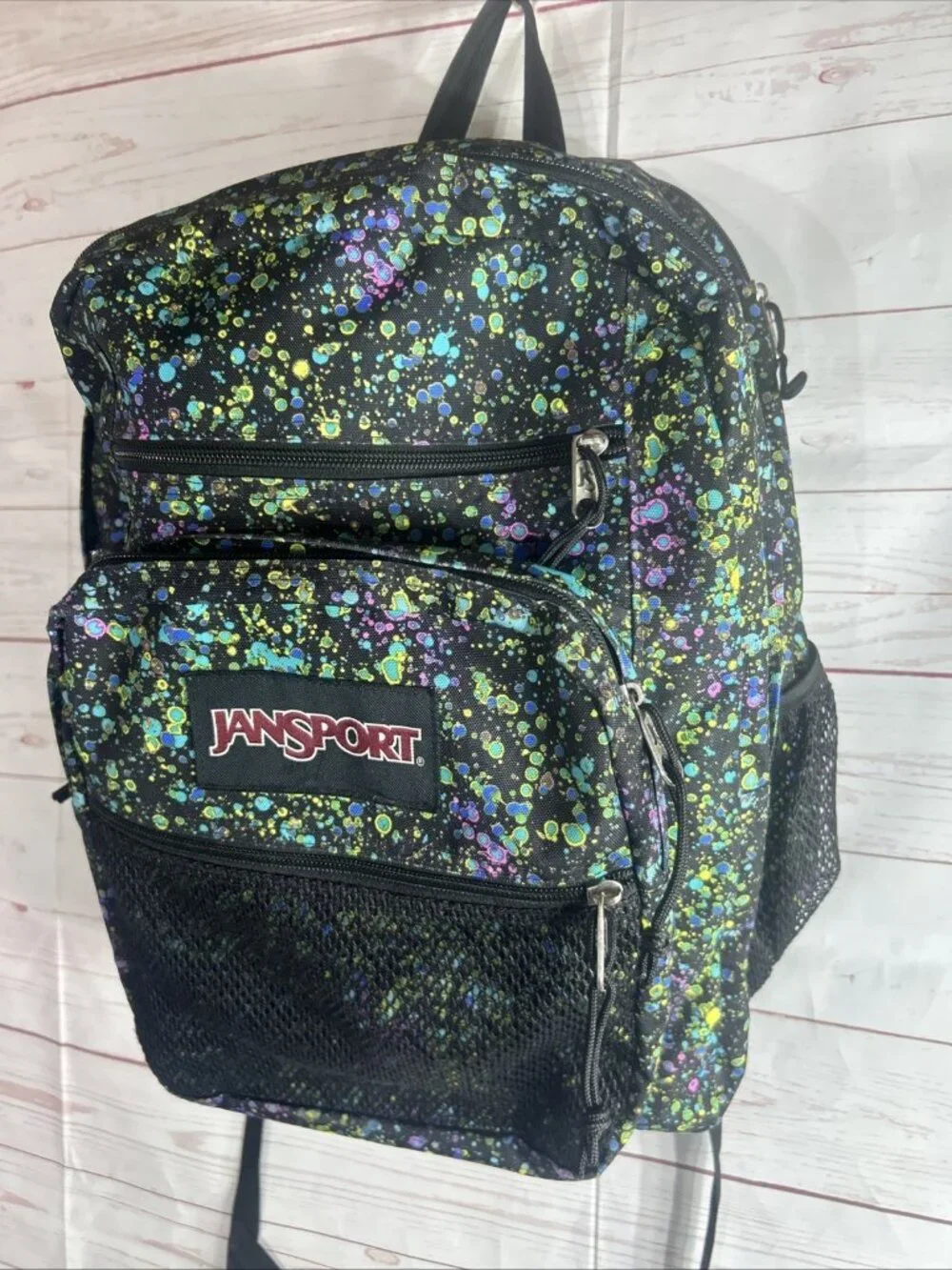 JANSPORT BACKPACK Black with BUBBLE COLORS 5 ZIPPER POUCHES 17” With mesh